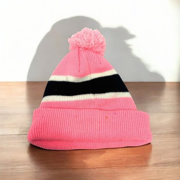 Cali Pink Pom Beanie With Black & White Stripes - Picture 2 of 3